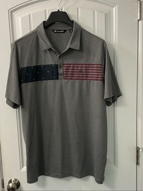 Travis Mathew Gray Polo with Navy and Burgundy flag Chest Panels